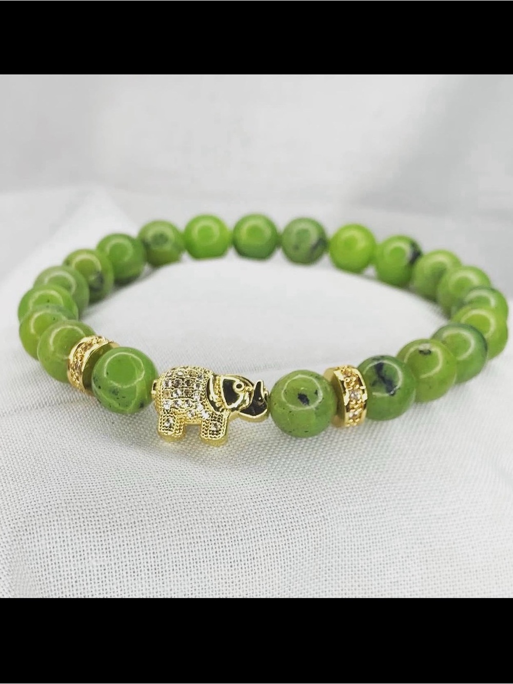 Green Beaded Stretch Bracelet with Gold Elephant Accent - Women's Jewelry